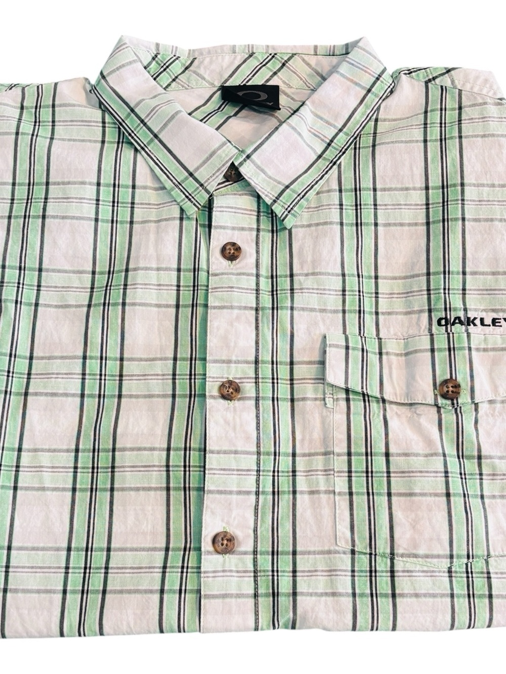 Oakley White and Light Green Plaid Button-Down Shirt
